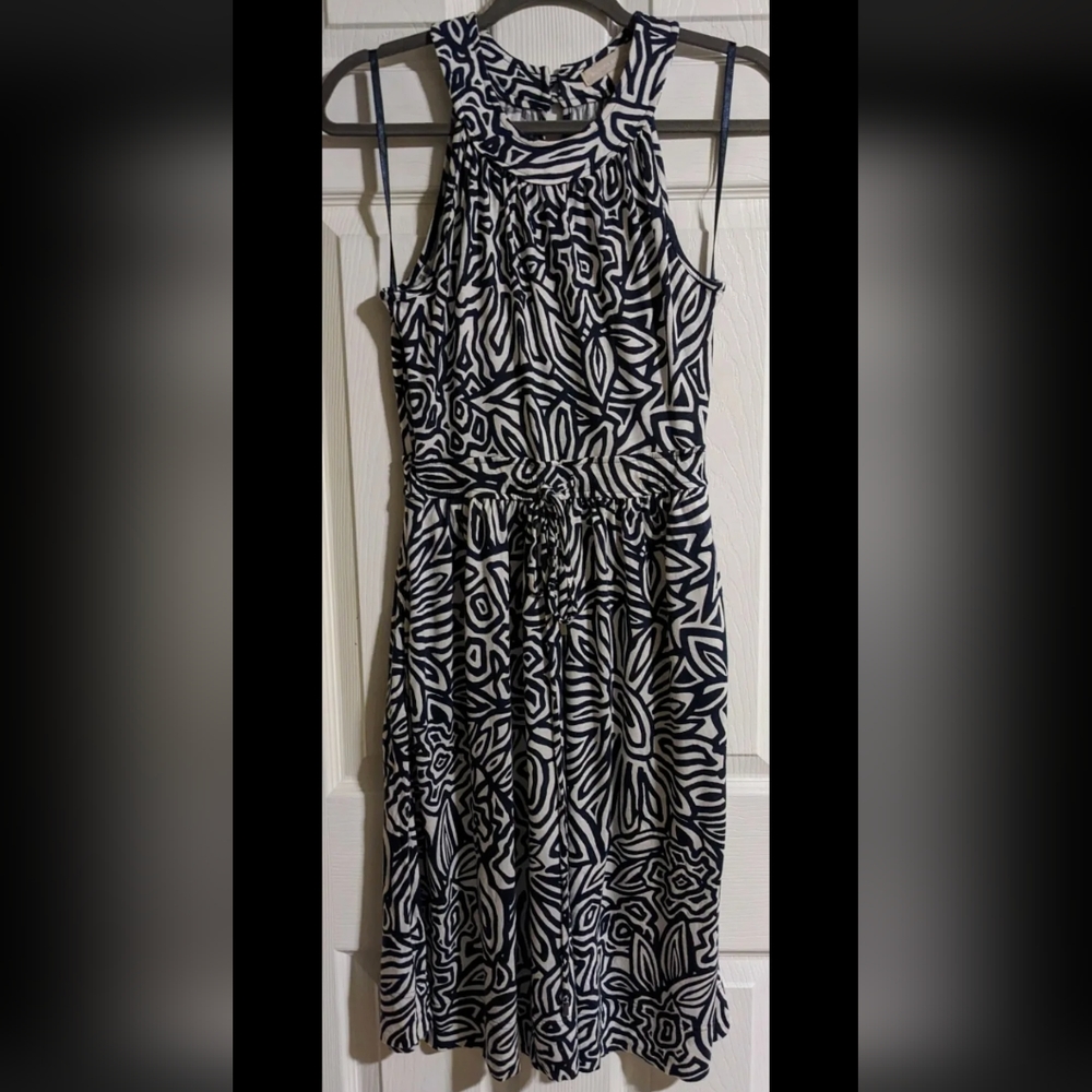 Banana Republic Midi Dress XS Blue White Abstract Pattern Sleeveless Lyocell